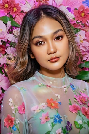 In a stunning portrait, September Ai, a HONG KONG Girl with brown skin and short messy hair, lies from the front point pose, exuding high fashion elegance. Against a flowing neon-holographic floral background, iridescent vaporwave effects dance around her. The overall composition is fluid, with delicate flowers swirling behind her. A realistic illustration of this beauty, featuring long blonde hair, is reminiscent of Flat vector art. score_9, score_8_up, score_7_up, score_6_up,School_girl,gh3a,ZeeJKT48,tiar4,lun4