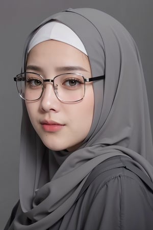 1girl, beautiful face, smile, glasses, hijab, abaya, (simple plain grey background),high detailed face, skin textures, focused on eye, ultra sharp focus, depth of field effects, professional beauty lighting, portrait, direct gaze, upper-body