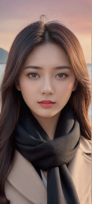 8K, 超High resolution, highest quality, masterpiece, Surreal, photograph,Three-part method, 1 girl, (16 years old:1.3), pretty girl, Cute face, Beautiful eyes in every detail,Japan Female Announcer,(wearing a long winter coat and scarf、Close-up of thin black two-sided updo:1.5)、(The girl turns around with a very sad look on her face, Her hair fluttering in the wind on the winter beach:1.5)、(Blurred Background:1.5)、(red sky at sunset:1.5)、(Perfect Anatomy:1.5)、(Complete Hand:1.3)、(Full Finger:1.3)、Photorealistic、Photograph、Tabletop、highest quality、High resolution、Delicate and beautiful、Perfect Face、Beautiful fine details、Fair skin、Real human skin、((Thin legs))、Bold Pose,super cute super model、Please look closely at the camera 、Vivid details、detailed、Surreal、Light and shadow,Strong light,Fashion magazine cover,Thin lips,gh3a,ZeeJKT48,b3rli