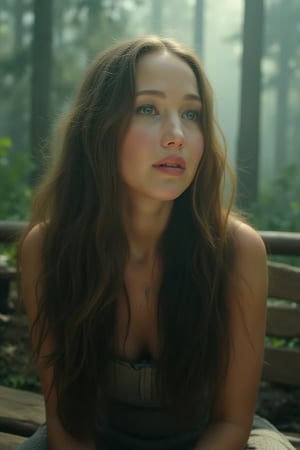 rlawldnjs, A KOREAN woman with long wavy brown hair sits on an old wooden bench in front of a misty, ancient forest backdrop, her face illuminated by soft morning sunlight that highlights deep green eyes filled with curiosity and serenity as she gazes off into the distance at the horizon beyond.