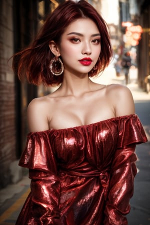 Generate hyper realistic image of a stunning woman with mesmerizing brown eyes. She has short red hair style. She wears an off-shoulder dress that accentuates her breasts. Her looks complemented by shimmering earrings that catch the light as she looks playfully at the viewer, her lips adorned with a hint of rose-colored lipstick, portrait.
