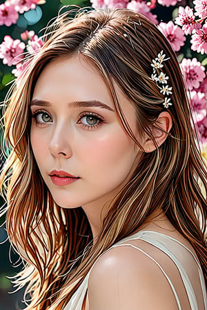 Masterpiece, HD, 8K, A captivating and minimalist illustration of a 20-year-old woman. The upper body, the face is drawn at a 45-degree angle in the center, and delicate touches of pastel accentuate her (high-topped hair color), large eyes, plump cheeks and lips, beautiful white skin and small face with elegant touches. Similar to the touch of Fakhtali Abderrahim, fragile and delicate, the background is a space surrounded by many luminous flowers, and the colorful, magical and mysterious presence is reflected in the expression.,ZeeJKT48,b3rli,ch3ls3a,gh3a,elizabeth olsen