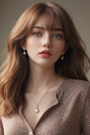 Beautiful, soft light, (beautiful and delicate eyes), very detailed, pale skin, (long hair), dreamy, medium chest, female 1, ((front shot)), bangs, soft expression, height 170, elegant, 8k art photo, photorealistic concept art, realistic, person, small necklace, small earrings, fantasy, jewelry, shyness, dreamy soft image, masterpiece, ultra high resolution, skirt, shirt, jacket, color , (both eyes (winds gently), (raises head slightly and looks immersed in happy thoughts),colorful