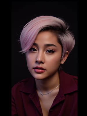 A photo of a 22-year-old indonesian woman with half-Korean heritage.TOPLESS . She selfie. The photo was taken on film using flash photography. The background is black. The lighting is professional.ฺBANG HAIR, white and pink short haircolors,take off cloth