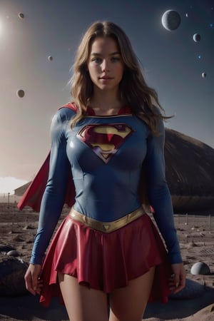 Supergirl, 17 yo, (Russian teen blonde hair girl), ((extremely beautiful and sexy girl)), (godess hot girl), hand on hip, looking at viewer, Supergirl (Superwoman), perfect breasts, ((Supergirl bodysuit wearing red skirt, Superwoman bodysuit wearing red akirt)), long sleeves, (cleavage), long blonde hair, pixie haircut, seducing blue eyes, looking at viewer, freckles, smile, (cheeky), blushed, parted lips, (glossy lips:1.3), (medium perky tits), wide hips, well sunlit, (masterpiece:1.5), (intricate details), superman logo,best quality, (high resolution), (unity 8k wallpaper), (illustration:0.8), (beautiful detailed eyes:1.6), (extremely detailed face), (perfect lighting), (extremely detailed CG), ((perfect hands, perfect anatomy)),wearing supergirl_cosplay_outfit,torso grab, bra top,  (((standing on the moon land, background is 
blue earth and space))), so high to close her eyes, top view, single girl,18+ ,18+,Futuristic room,a woman m111y