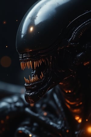 A close-up of an alien xenomorph, showcasing perfect and detailed eyes that are very focused. Alien xenomorph fine and pointed teeth are meticulously rendered, capturing every nuance. The lighting is dramatic, highlighting the fiery essence of the creature. The composition is tight, emphasizing the intense gaze and menacing presence. High detail, 8k resolution, with sharp focus on the dragon's eyes, and teeth.