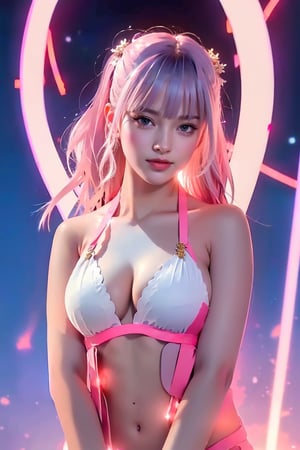 (masterpiece, top quality, best quality, official art, beautiful and aesthetic:1.2), hdr, high contrast, wideshot, 1girl, blunt bangs, looking at viewer, (seducing act), frosty, icy eyeshadow, longfade eyebrow, soft make up, juicy lips, large breast, hourglass body, light smile, finger detailed, background detailed, ambient lighting, extreme detailed, cinematic shot, realistic ilustration, (soothing tones:1.3), (hyperdetailed:1.2), plmtbknazln, twintails, large breasts, navel, white string bikini, side-tie bikini bottom, pink ribbon, blunt bangs,r1ge,frey4