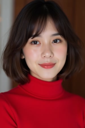 Raw photo. Sacred. Beloved. Pure, innocent, pure, 32 years old. Tattoo. Photorealistic portrait of a cute and pure thai girl with brown bob hair. Kind. Emphasizing her innocence. She is wearing a red turtleneck sweater, which brings her features and facial expression into focus. The lighting is soft and natural, perfectly capturing her cuteness and purity without the distraction of the background. High resolution photo, soft focus lens, natural light, close-up composition, minimalist approach, attention to the texture and details of the sweater, highlighting her purity and innocence.