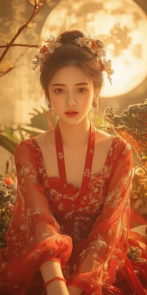 A young Asian woman \\ndressed in a delicate red Ancient Chinese costume sits elegantly on a platform, \\nsurrounded by traditional Asian décor with soft gold and red tones. She has short, styled hair adorned with decorative flowers and accessories. \\nA serene oversized animal chinese green dragon beside her. \\nThe background features golden dried branches and a large lighting moon backdrop with cloud patterns\\nThe lighting is soft and warm, giving the image a dreamy and serene atmosphere, reminiscent of traditional Chinese aesthetics, close-up, upper-body, portrait