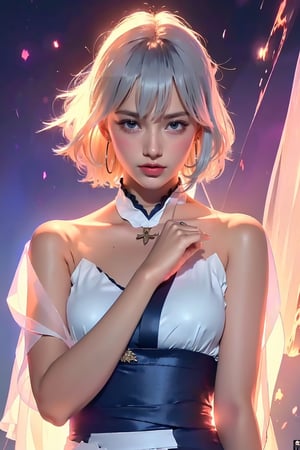 (masterpiece, top quality, best quality, official art, beautiful and aesthetic:1.2), hdr, high contrast, wideshot, 1girl, blunt bangs, looking at viewer, (seducing act), frosty, icy eyeshadow, longfade eyebrow, soft make up, juicy lips, large breast, hourglass body, light smile, finger detailed, background detailed, ambient lighting, extreme detailed, cinematic shot, realistic ilustration, (soothing tones:1.3), (hyperdetailed:1.2), azlnsirius, side braid, hair ornament, chinese clothes, grey dress, breast curtains, pelvic curtain, garter straps, see-through, white thighhighs, white gloves, azlnsirius,azlnsirius, short hair,r1ge,frey4
