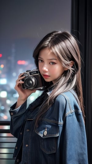 (masterpiece, best quality, photorealistic, trending on artstation:1.2), (skilled female photographer:1.3) with (short, stylishly messy brown hair:1.1) and (vintage camera slung over shoulder:1.2), wearing a (fashionable denim jacket:1.2) with (urban-inspired patches:1.1), holding a (professional DSLR camera:1.4) with (intricate lens details:1.2), creative atmosphere, observant emotion, urban tone, medium intensity, inspired by street photography and urban landscapes, gritty aesthetic, monochromatic color palette with (rich gray accents:1.1), introspective mood, soft natural lighting, side view, looking out at the cityscape through the camera lens, surrounded by (urban skyscrapers:1.2) and (city streets:1.1), focal point on the photographer's face, highly realistic fabric texture, atmospheric mist effect, high image complexity, detailed environment, subtle movement of the photographer's hands, contemplative energy.,s4str0,frey4,ghiselakell,chines,angelkaramoy, ,gheayoubi,bc1,wul4n,bul4n,berlianalovell,yukikato,est4