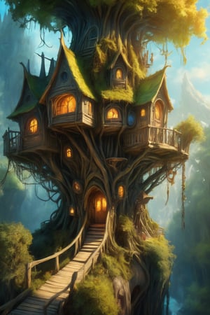 Oil painting of a noble elven treehouse village, highly detailed, sunshine, dynamic lighting, cinematic, complex_background, bright colors, vivid colors, poetic landscape, 8k, maximalistic, masterpiece by Brian Froud and Moritz von Schwind and Daniel Merrian,ral-chrcrts