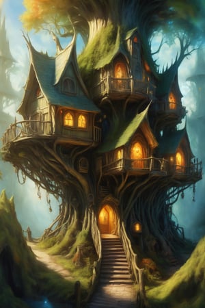 Oil painting of a noble elven treehouse village, highly detailed, sunshine, dynamic lighting, cinematic, complex_background, bright colors, vivid colors, poetic landscape, 8k, maximalistic, masterpiece by Brian Froud and Moritz von Schwind and Daniel Merrian,ral-chrcrts, witch entering
