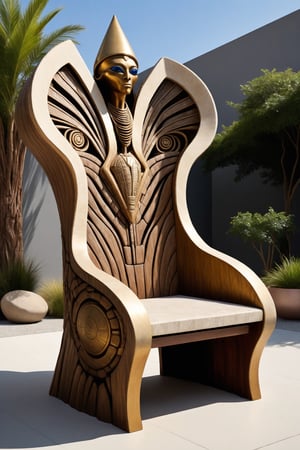 (masterpiece, best quality, high quality), fine art image design of an outdoors throne bench made of natural materials in alien shaped forms highly inspired by afro-futurism for a King and Sun Ra, must be extremely original and professional design exposed in the best artificial focused installation with perfect realistic shape depth textures and highly intricate as in fine art