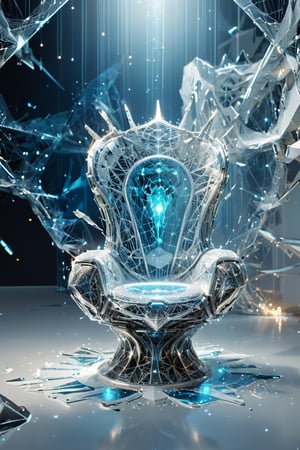 Front view of a throne displayed on a futuristic pedestal in the white room inside a futuristic museum. BREAK The artwork is (an amazing and captivating abstract sculpture:1.4), (trendwhore style:1.4), (kinetic elements:1.4), deconstructivism, shattered reality, glow, spark, (2004 aesthetics:1.2),(beautiful vector shapes:1.3), white rock theme. Abstract fractal AI generated Faberge chair, blue starry sky, gradient background, sharp details, intricate and thick silver wireframes. Highest quality, detailed and intricate, original artwork, trendy, vector art, vintage, award-winning, artint, LW. BREAK wide shot, sharp focus, bright white room,noc-wfhlgr