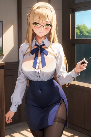 frill blouse shirt,navy long pencil skirt,side slit,
(milf), solo, long hair, looking at viewer, blush, smile, blonde hair, medium breasts, blus, green eyes, cowboy shot ,klaudia valentz,hairband,pantyhose,navel,standing,eye_glasses,