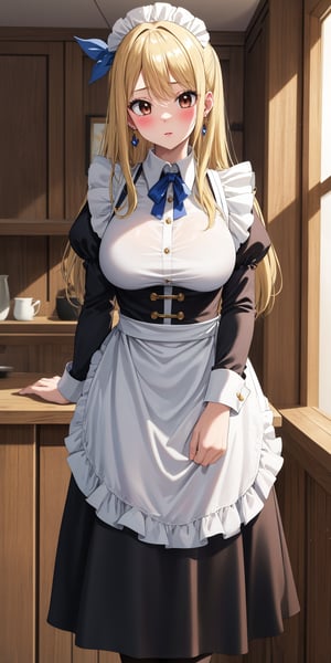 masterpiece, best quality, highres, lucy heartfilia, blonde hair, long hair, 
earrings,
cowboy shot, looking at viewer,indoor,
maid costume,collar shirt,apron,black long skirt,
masterpiece,incredibly absurdres,
bewitching,blush,
standing,