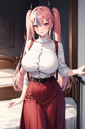 (sweater), (very long flare skirt),(suspenders) ,waist belt,
standing,contrapposto,8k,bremerton, long hair, hair between eyes, grey hair, pink hair, solo, blush, hairclip, pink eyes, sidelocks, streaked hair, hair ornament,smile,  looking at viewer, twintails,
1girl, huge breasts, hair intakes,
bed room,