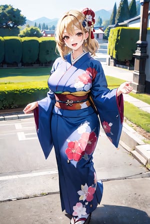 tia,1girl, solo, tia,
blonde hair, brown eyes, smile, :d, 
huge breasts, curvy, 
hair ornament,earrings, jewelry, 
standing,contrapposto,
kimono