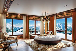 ((Hyper-Realistic)) photo of luxurious modern bedroom in a cabin of winter resort,indoors,
(luxurious furnitures:king size bed,pillow,lamp,curtains, window,big screen TV,mirror,ceiling light),curtains, window,snow,tree
BREAK
aesthetic,rule of thirds,depth of perspective,studio photo,trending on artstation,(Hyper-realistic photography,masterpiece,ultra-detailed,intricate details,16K,sharp focus,high contrast,kodachrome 800,HDR:1.3),by Antonio Lopez,Diego Koi,David Parrish,Canaletto and Samuel Silva,
w1nter res0rt,H effect,art_booster,ani_booster,w1nter res0rt