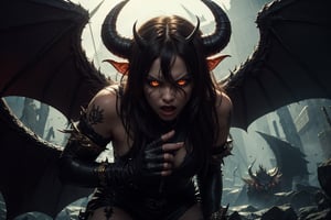 DemonicT,sclera,(horns:1.2),(wings:1.2),colored sclera,demon wings,(demon horns:1.1),slit pupils,Ultra-detail,(highres:1.1),best quality,(masterpiece:1.3),cinematic lighting, angry, Striking hand poised reach,