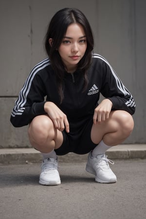 Korean woman,slav squat,black adidas tracksuit with three white lines,
