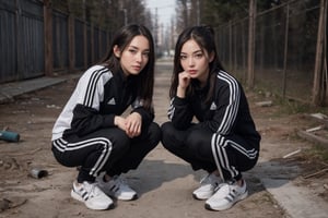 2girls,(full body facing towards viewer),shoulder to shoulder posing in a horizontal line,Korean woman,slav squat,black adidas full tracksuit,crotch towards viewer,abandoned russian playground,broken vodka bottles