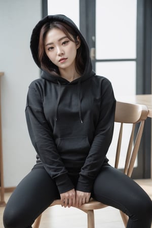Korean woman, black hoodie and black leggings, leaning back in a chair,facing viewer,cowboy_Shot