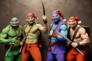 In the NYC sewer, decorated for Christmas, 

a funny Christmas family photo of the (four Teenage Mutant Ninja Turtles) from the 1990's comics,

<Leonardo wields two katana and wears a blue bandana> posing next to

<Raphael wears a red bandana and uses a pair of sai> posing next to

<Donatello wears a purple bandana and uses a bō staff> posing next to

<Michelangelo wears an orange bandana and uses nunchucks>

