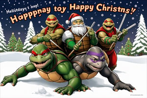 “Create a festive Christmas holiday card featuring the four Teenage Mutant Ninja Turtles (Leonardo, Donatello, Raphael, and Michelangelo) in a snowy cityscape. They should be wearing Santa hats and scarves, with their weapons replaced by holiday items like candy canes or gift boxes. The turtles should be cheerfully interacting with each other, embodying the spirit of camaraderie and holiday cheer. At the top or bottom, there should be a banner with the message ‘Happy Holidays’ written in a fun, comic-style font.”