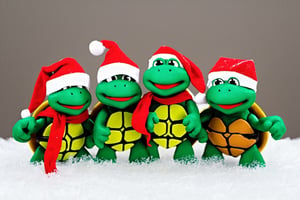 “Create a festive Christmas holiday card featuring the four Teenage Mutant Ninja Turtles (Leonardo, Donatello, Raphael, and Michelangelo) in a snowy cityscape. They should be wearing Santa hats and scarves, with their weapons replaced by holiday items like candy canes or gift boxes. The turtles should be cheerfully interacting with each other, embodying the spirit of camaraderie and holiday cheer. At the top or bottom, there should be a banner with the message ‘Happy Holidays’ written in a fun, comic-style font.”,Christmas