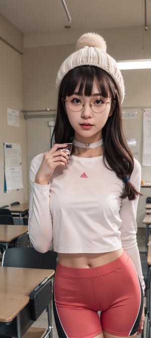 A 21-year-old Korean university student stands casually in a classroom setting, sporting long hair with straight blunt bangs and dimples. She wears a magenta cotton long sleeve t-shirt over black spandex side-stripe bike shorts, showcasing her petite physique and thigh gap. A choker adorns her neck, and her eyes are framed by eyeglasses. Her Douyin-inspired makeup accentuates her full lips and open mouth. The low-angle shot captures the cute hat atop her head and the AegyoSal-inspired ulzzang vibes as she strikes a pose. Holding a chocolate bar.