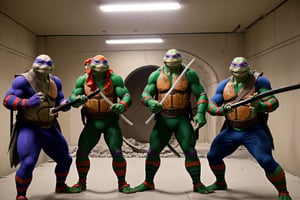 In the NYC sewer, decorated for Christmas, with a Christmas Tree and presents.

a funny Christmas family photo of the (four) ((Teenage Mutant Ninja Turtles) (TMNT),green turtles,

<Leonardo wields two katana and wears a blue bandana> 
<Raphael wears a red bandana and uses a pair of sai>
<Donatello wears a purple bandana and uses a bō staff> 
<Michelangelo wears an orange bandana and uses nunchucks>