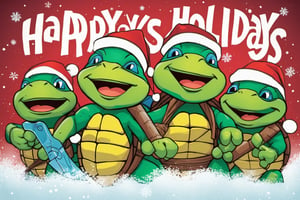 “Create a festive Christmas holiday card featuring the four Teenage Mutant Ninja Turtles (Leonardo, Donatello, Raphael, and Michelangelo) in a snowy cityscape. They should be wearing Santa hats and scarves, with their weapons replaced by holiday items like candy canes or gift boxes. The turtles should be cheerfully interacting with each other, embodying the spirit of camaraderie and holiday cheer. At the top or bottom, there should be a banner with the message ‘Happy Holidays’ written in a fun, comic-style font.”,Christmas 1girl