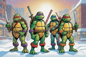 Create a festive Christmas holiday card featuring four Teenage Mutant Ninja Turtles (Leonardo, Donatello, Raphael, and Michelangelo) in a snowy cityscape. They should be wearing Santa hats and scarves, with their weapons replaced by candy canes. The turtles should be cheerfully interacting with each other. At the top or bottom, there should be a banner with the message ‘Happy Holidays’ written in a fun, comic-style font.