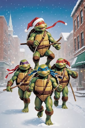 Create a festive Christmas holiday card featuring the four Teenage Mutant Ninja Turtles (Leonardo, Donatello, Raphael, and Michelangelo) in a snowy cityscape. They should be wearing Santa hats and scarves, with their weapons replaced by holiday items like candy canes or gift boxes. The turtles should be cheerfully interacting with each other, embodying the spirit of camaraderie and holiday cheer. At the top or bottom, there should be a banner with the message ‘Happy Holidays’ written in a fun, comic-style font.