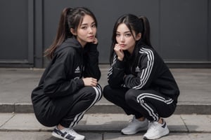 2girls,facing you,in a horizontal line,Korean woman,slav squat,black adidas full tracksuit