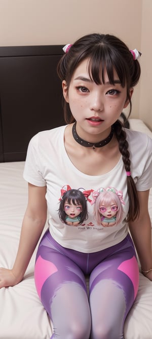 1girl, japanese, 18yo,little bratty sister,Range Murata,stinky sweaty after excercising,(candycane magenta leggings, long anime-ahegao-face tshirt top:1.2), (UWU),hyper realistic,pouting,(long twin-braided Black Hair with Purple inner-dyed),freckles,grey eyes,chocker,side pose but looking at camera,bokeh,cute uwu girls room,seductively sitting on edge of bed,leg_grab,visible cameltoe,viewed from above,pink eyeliner,amblyopia,intense-gaze,thunder_thighs,douyin_makeup