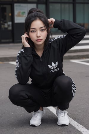 Korean woman,slav squat,black adidas full tracksuit