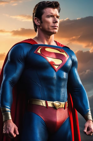(((Perfect Face)))(((Standing)),(((masterpiece))), (((best quality))), ((ultra-detailed)), (highly detailed CG illustration), ((an extremely musculine and handsome candid image of Rick Astley fully dressed as Superman)), cinematic light,(character focus),science fiction, extreme detailed, colorful, highest detailed,male,Movie Still, red sun,at dusk,