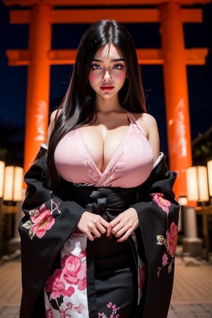 incredibly beautiful Japanese girl with gigantic enormous breasts, super long straight black hair, black kimono with pink flower designs, red lips, beautiful piercing black eyes, standing underneath a torii arch, night time, long hair