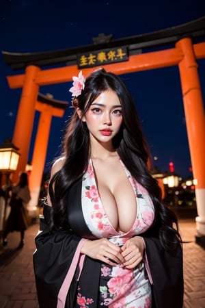 incredibly beautiful Japanese girl with gigantic enormous breasts, super long straight black hair, black kimono with pink flower designs, red lips, beautiful piercing black eyes, standing underneath a torii arch, night time, long hair