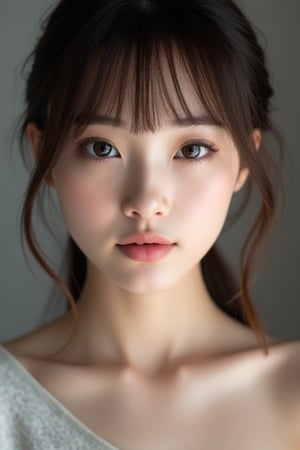 (score_9_up, score_8_up, score_7_up), incredibly beautiful Asian girl, vibrant face, no make-up, long eyelashes, perfect brows, realistic skin, collarbone, curtain bangs