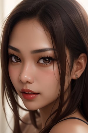 highly detailed close up selfie photo of an incredibly beautiful Filipina-Spanish girl, realistic skin, brown eyes, pores, red glossy lips, slightly open mouth, strands of hair dangling in front of her face