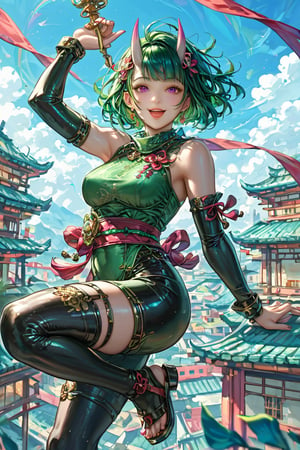 (score_9, score_8_up, score_7_up), incredibly beautiful ninja girl, 8K resolution, best quality, source_anime, Short bowlcut hair, jumping off a roof, using a grappling hook, oni mask, ancient japanese architecture designs,BREAK, skintight ninja costume,Oni mask