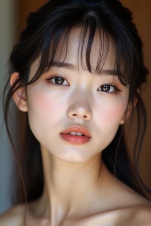 (score_9_up, score_8_up, score_7_up), incredibly beautiful Asian girl, vibrant face, no make-up, long eyelashes, perfect brows, realistic skin, collarbone, curtain bangs