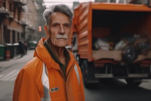 a man {80 YEARS OLD} in an orange jacket standing in front of a garbage truck, a character portrait by Josefina Tanganelli Plana, pexels contest winner, cubo-futurism, #myportfolio, behance hd, reimagined by industrial light and magic
