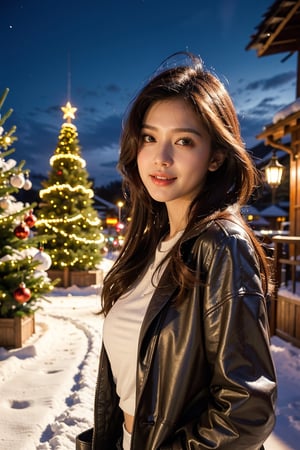 best quality, masterpiece, (photorealistic:1.4), 1girl, 
flowing hair, snow, (happy:0.68), Philippines, medium bobbies, Philippines,REALISTIC,1girl, half body, excited expression, cute girl, night vibe romantic, stylish clothes, winter clothes, winter wonderland, dreamy, fantasy, glowing christmas trees, colorful blast