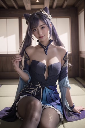 A professional photograph of gorgeous a girl in japanese castle making eye contact with the viewer in a knee up view, beautiful symmetrical face, cute natural makeup, sweet smile, purple hair color, upscale environment, ultra realistic, concept art, elegant, highly detailed, cinematic camera,  cinematic light, intricate, sharp focus, depth of field, f/1. 8, 85mm, (centered image composition), (professionally color graded), ((bright soft diffused light))