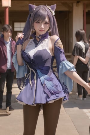 A professional photograph of gorgeous a girl in japanese castle making eye contact with the viewer in a knee up view, beautiful symmetrical face, cute natural makeup, sweet smile, purple hair color, upscale environment, ultra realistic, concept art, elegant, highly detailed, cinematic camera,  cinematic light, intricate, sharp focus, depth of field, f/1. 8, 85mm, (centered image composition), (professionally color graded), ((bright soft diffused light))